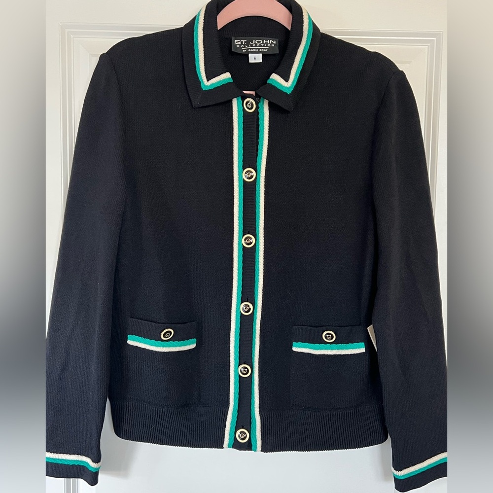 St. John Collection Black Cardigan with Jade  and White Accents